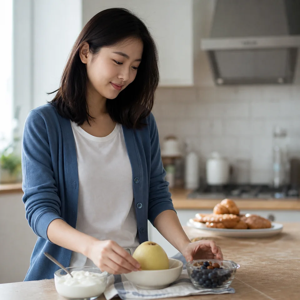 과일과 요거트로 간식을 준비하는 성인 여성