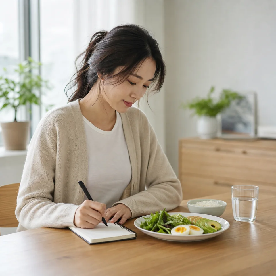 균형 잡힌 식사와 함께 식사 시간을 계획하는 성인 여성