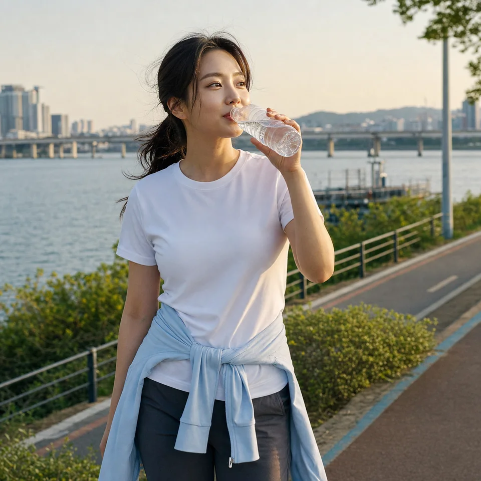한강 산책 후 물을 마시는 성인 여성