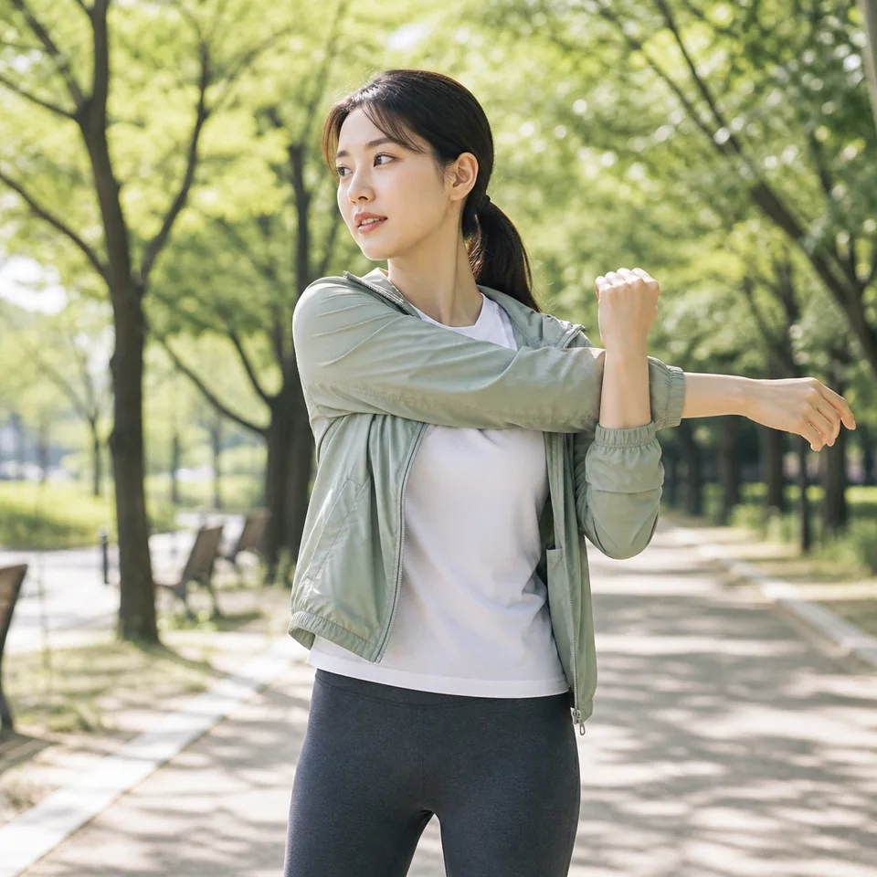 밝은 공원에서 스트레칭하는 건강한 성인 여성